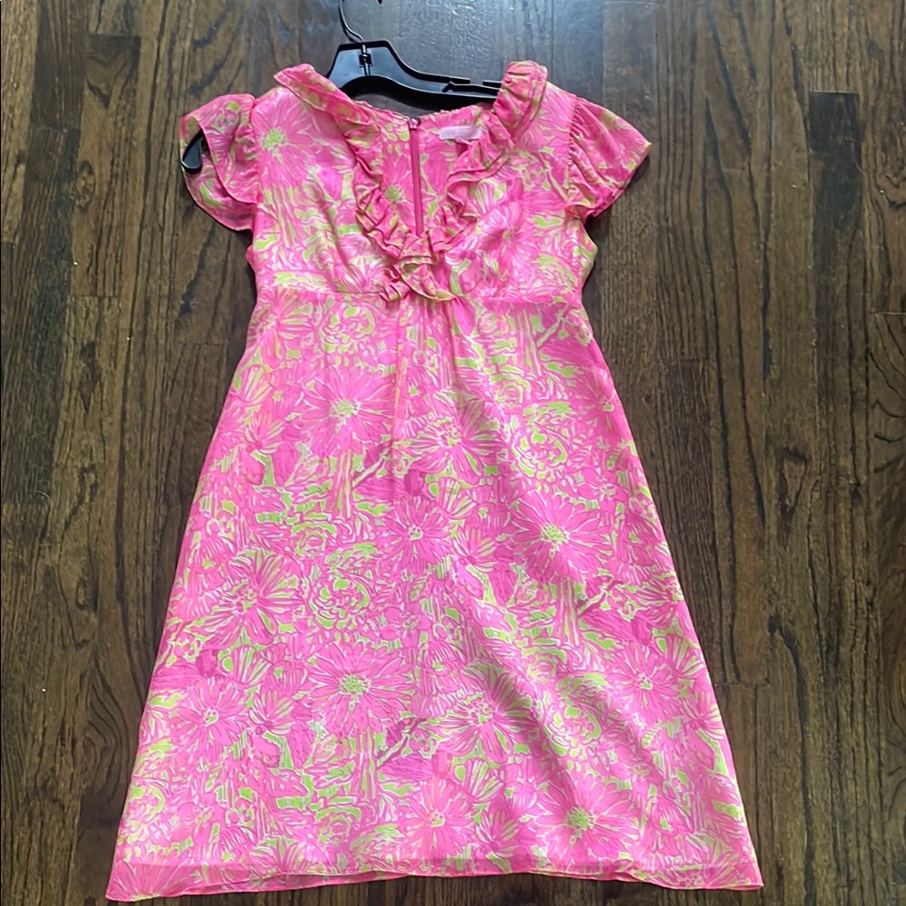 Lilly Pulitzer Bright Pink Dress with Green Floral Ruffle